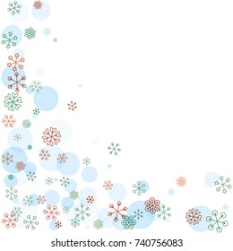 Christmas background with random scatter falling colorful snowflakes and blue polka dots isolated on white.