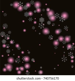 Christmas background with random scatter falling silver snowflakes and pink blurred lights isolated on black