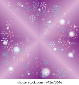 Christmas background with random scatter falling colorful snowflakes, blurred lights and sparkles on a lilac gradient background