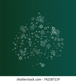 Christmas background with random scatter falling silver snowflakes isolated on a dark green gradient background