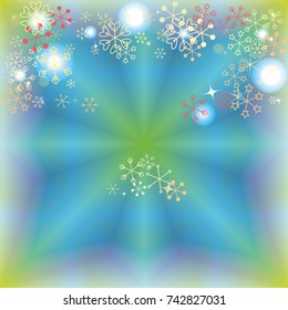 Christmas background with random scatter falling colorful snowflakes and bright lights and sparkles on a blue and green background.