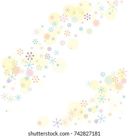 Christmas background with random scatter falling colorful snowflakes and yellow polka dots isolated on white.