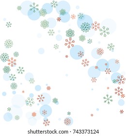 Christmas background with random scatter falling colorful snowflakes and blue polka dots isolated on white.