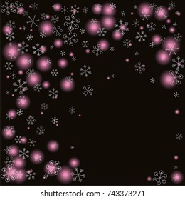 Christmas background with random scatter falling silver snowflakes and pink blurred lights isolated on black