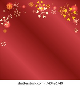 Christmas background with random scatter falling golden snowflakes, red blurred lights and sparkles on a red gradient background