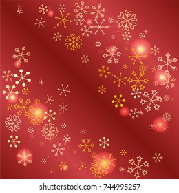 Christmas background with random scatter falling golden snowflakes, red blurred lights and sparkles on a red gradient background