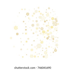 Christmas background with random scatter falling golden snowflakes isolated on white.