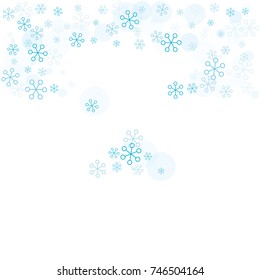 Christmas background with random scatter falling turquoise snowflakes and blue polka dots isolated on white.