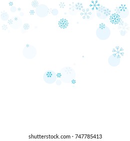 Christmas background with random scatter falling turquoise snowflakes and blue polka dots isolated on white.