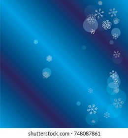 Christmas background with random scatter falling silver snowflakes and blue polka dots on a navy blue background.