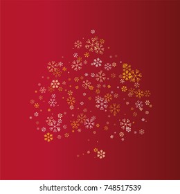 Christmas background with random scatter falling golden snowflakes isolated on a red gradient background