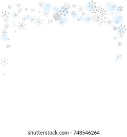 Christmas background with random scatter falling silver snowflakes and blue blurred dots isolated on white.