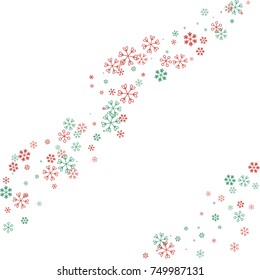 Christmas background with random scatter falling red and green snowflakes isolated on white.