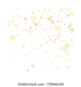 Christmas background with random scatter falling golden snowflakes isolated on white.