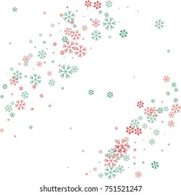 Christmas background with random scatter falling red and green snowflakes isolated on white.