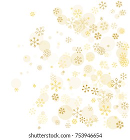 Christmas background with random scatter falling golden snowflakes and yellow polka dots isolated on white.