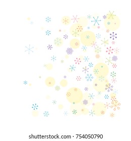 Christmas background with random scatter falling colorful snowflakes and yellow polka dots isolated on white.