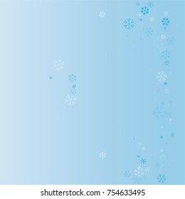 Christmas background with random scatter falling blue snowflakes on a blue background.