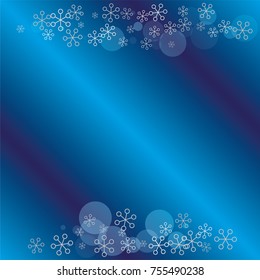 Christmas background with random scatter falling silver snowflakes and blue polka dots on a navy blue background.