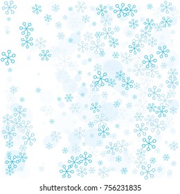 Christmas background with random scatter falling turquoise snowflakes and blue polka dots isolated on white.