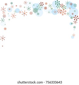 Christmas background with random scatter falling colorful snowflakes and blue polka dots isolated on white.