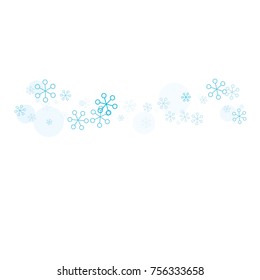 Christmas background with random scatter falling turquoise snowflakes and blue polka dots isolated on white.