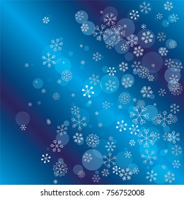 Christmas background with random scatter falling silver snowflakes and blue polka dots on a navy blue background.