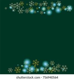 Christmas background with random scatter falling golden snowflakes and blue blurred lights on a dark green background.