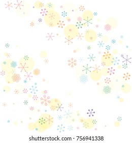 Christmas background with random scatter falling colorful snowflakes and yellow polka dots isolated on white.