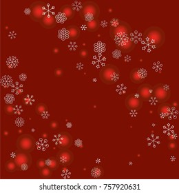 Christmas background with random scatter falling silver snowflakes and red blurred lights on a burgundy background.