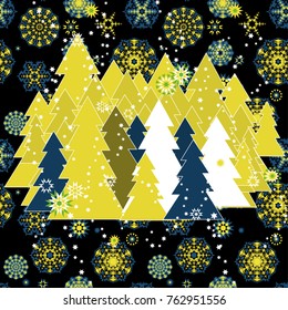 Christmas background with random scatter falling snowflakes and a forest of christmas trees isolated on black.