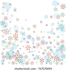 Christmas background with random scatter falling colorful snowflakes and blue polka dots isolated on white.