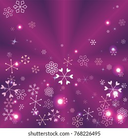 Christmas background with random scatter falling colorful snowflakes and bright lights and sparkles on a lilac and violet background.