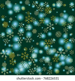 Christmas background with random scatter falling golden snowflakes and blue blurred lights on a dark green background.
