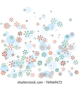 Christmas background with random scatter falling colorful snowflakes and blue polka dots isolated on white.