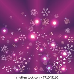 Christmas background with random scatter falling colorful snowflakes and bright lights and sparkles on a lilac and violet background.