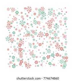 Christmas background with random scatter falling red and green snowflakes isolated on white.