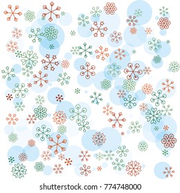 Christmas background with random scatter falling colorful snowflakes and blue polka dots isolated on white.