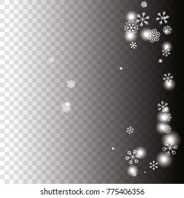 Christmas background with random scatter falling white snowflakes and light blurred dots on a transparent background.