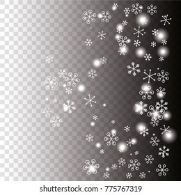 Christmas background with random scatter falling white snowflakes and light blurred dots on a transparent background.