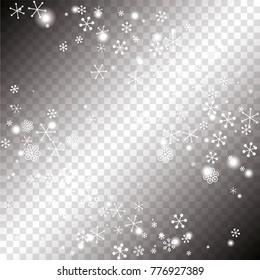 Christmas background with random scatter falling white snowflakes and light blurred dots on a transparent background.