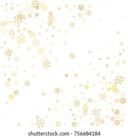 Christmas background with random scatter golden snowflakes isolated on white.
