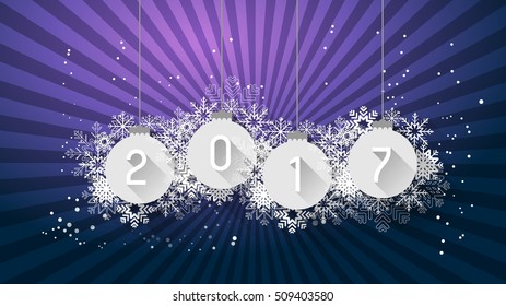 christmas background with rays, snow flakes, christmas balls, flat shadow effect