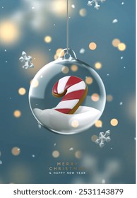 Christmas background with realistic 3d candy cane inside hanging transparent ornament, falling snowflakes and glow bokeh lights blue background, Merry Christmas and Happy New Year. Vector illustration
