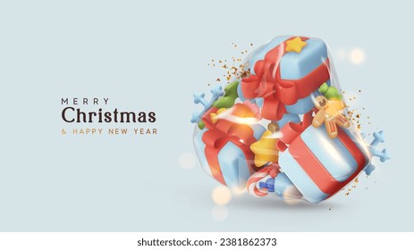 Christmas background. Realistic 3d design in cartoon plastic style, Pile of gift boxes and festive Xmas ornaments in transparent plastic packaging film. Vector illustration