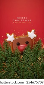 Christmas background with realistic 3d design red gingerbread cookies, green pine branches, gold glitter confetti. New Year poster, sale banner, greeting card, Xmas flyer brochure. Vector illustration