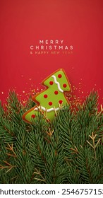 Christmas background with realistic 3d design red gingerbread cookies, green pine branches, gold glitter confetti. New Year poster, sale banner, greeting card, Xmas flyer brochure. Vector illustration