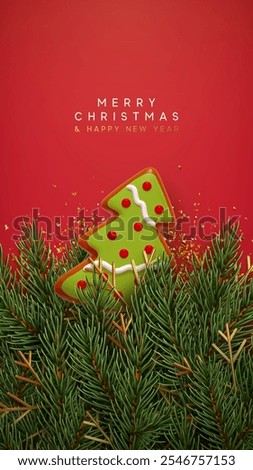 Christmas background with realistic 3d design red gingerbread cookies, green pine branches, gold glitter confetti. New Year poster, sale banner, greeting card, Xmas flyer brochure. Vector illustration