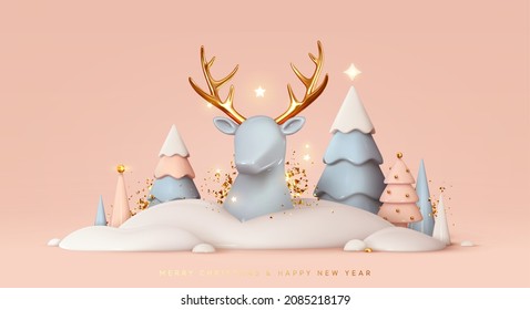 Christmas background. Realistic 3d Christmas trees, colorful winter landscape, deer head in snow with golden antlers. Happy new year festive abstract design. Vector illustration