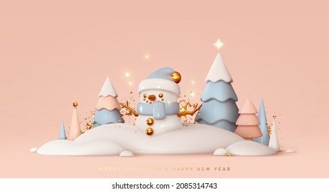 Christmas background. Realistic 3d Christmas trees, colorful winter landscape, funny snowman in snow. Happy new year festive abstract design. Soft pastel color blue and pink white. Vector illustration